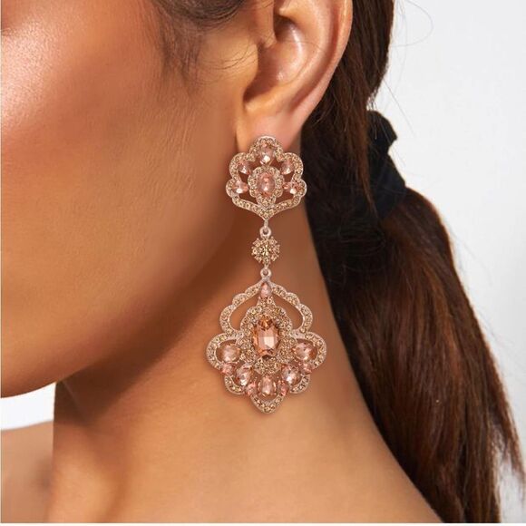 Rose Gold with Peach Morganite Austrian Crystal Teardrop Chandelier Earrings - Picture 3 of 5